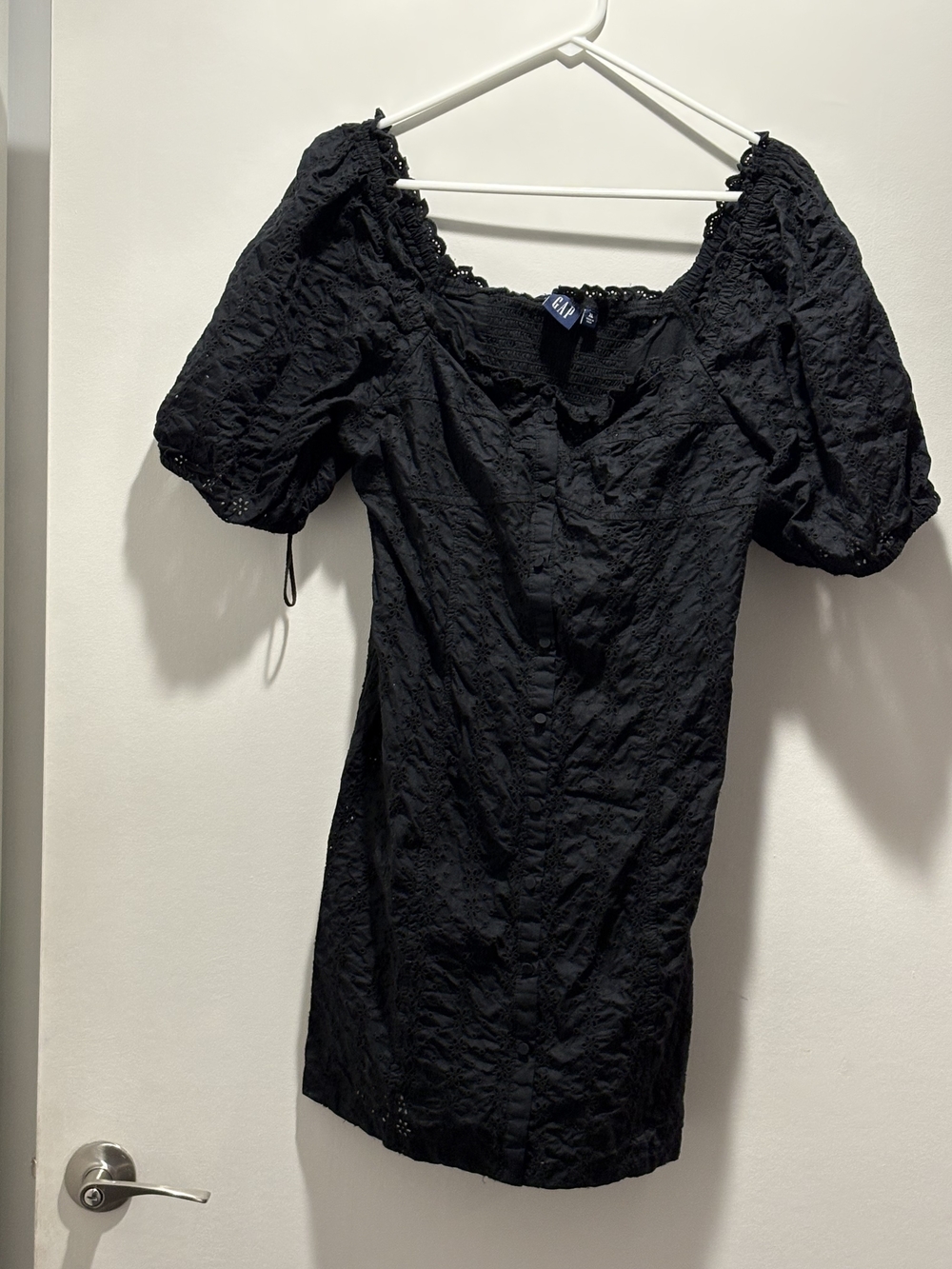 GAP Black Puff-Sleeve Eyelet Mini Dress
